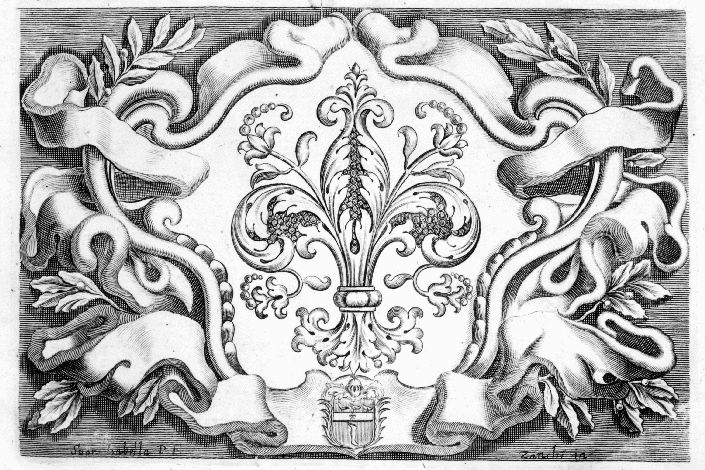 cartiglio con fleur de lys ed arme gentilizia (stampa) di Piccini Isabella, Zanchi (secc. XVII/ XVIII)