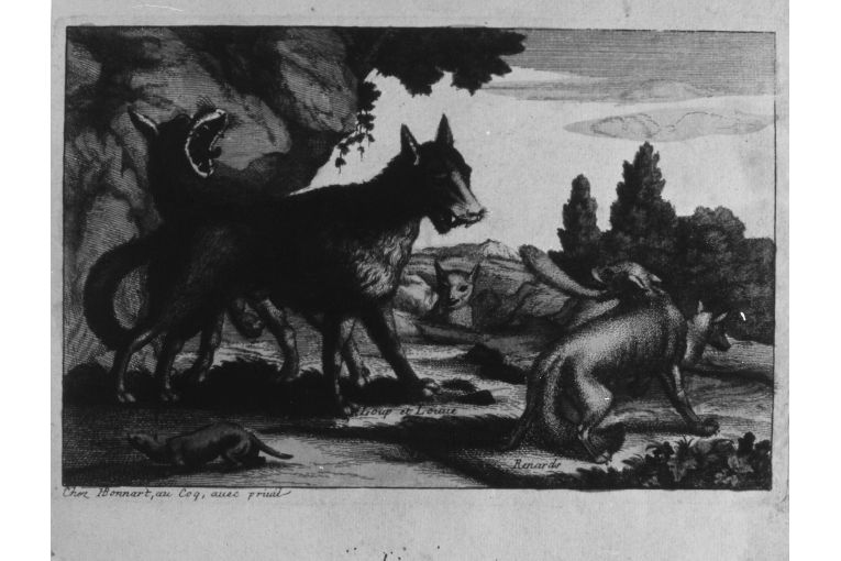Paesaggio con lupi e volpi (stampa colorata a mano) - ambito francese (seconda metà sec. XVIII)