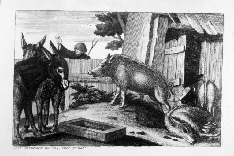 Stalla con animali (stampa colorata a mano) - ambito francese (seconda metà sec. XVIII)