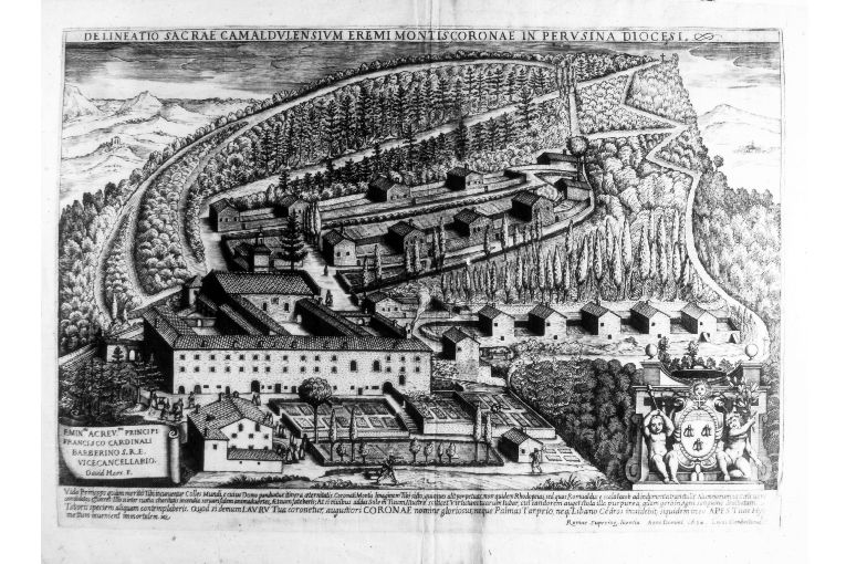 Veduta del monastero di Montecorona a Perugia (stampa) di Ciamberlano Luca detto Luca da Urbino (sec. XVII)