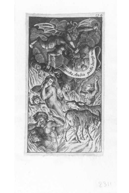 Dannati e bestie tra le fiamme, demonio (stampa smarginata) di Cavazza Giovanni Battista (prima metà sec. XVII)