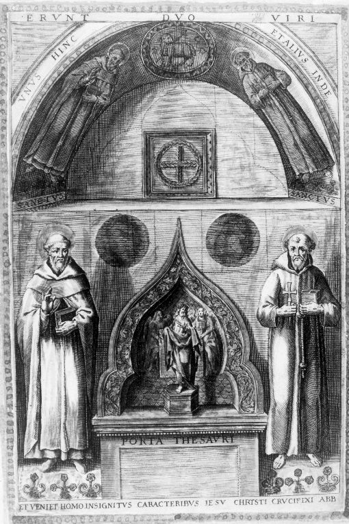 Cristo Redentore tra san Domenico e san Francesco d'Assisi (stampa) - ambito italiano (sec. XVII)