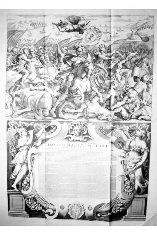 Scena di battaglia, cavaliere con angelo (stampa) - ambito veneto (sec. XVII)