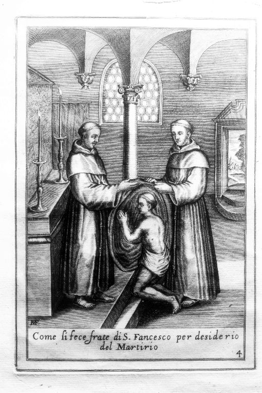 Sant'Antonio vestito da due monaci (stampa) di P. V (prima metà sec. XVII)