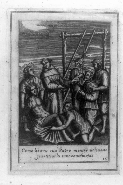 Figura crocifissa, Sant'Antonio, uomini (stampa) di P. V (prima metà sec. XVII)