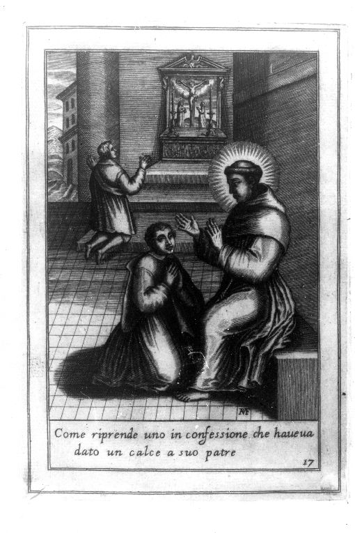 Sant'Antonio che confessa un uomo (stampa) di P. V (prima metà sec. XVII)