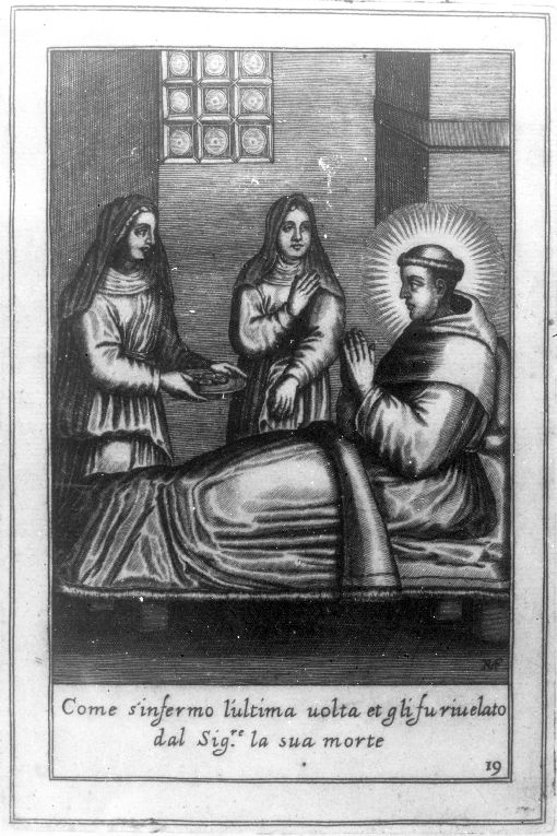 Sant'Antonio ammalato con due donne (stampa) di P. V (prima metà sec. XVII)