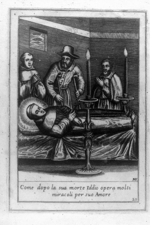 Sant'Antonio defunto circondato da uno storpio e da alcuniuomini (stampa) di P. V (prima metà sec. XVII)