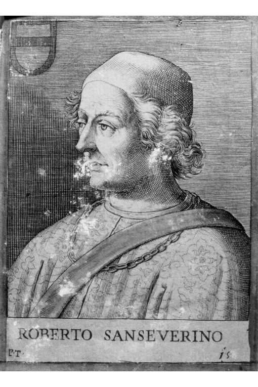 Ritratto di profilo di Roberto da Sanseverino (stampa colorata a mano smarginata) di P. T (seconda metà sec. XVI)