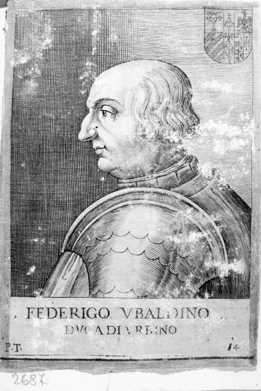 Ritratto di profilo di Federico Ubaldino (stampa colorata a mano smarginata) di P. T (seconda metà sec. XVI)