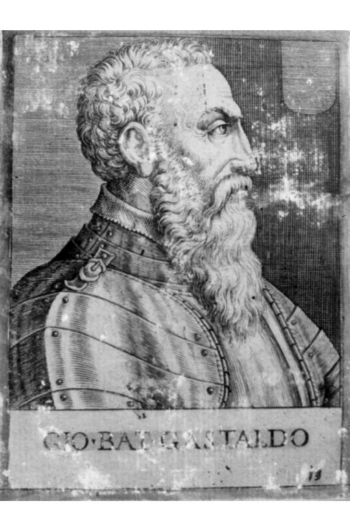 Ritratto di profilo di Giovanni Battista Castaldo (stampa colorata a mano smarginata) di P. T (seconda metà sec. XVI)