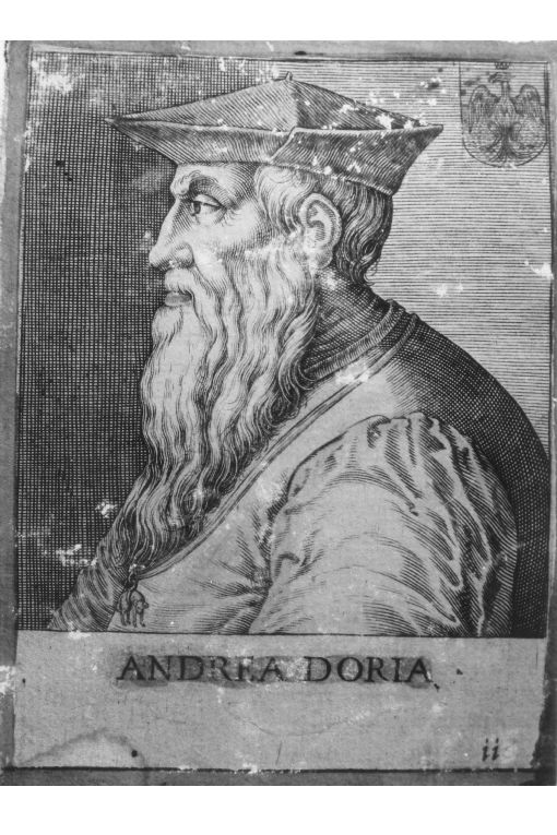 Ritratto di profilo di Andrea Doria (stampa colorata a mano smarginata) di P. T (seconda metà sec. XVI)