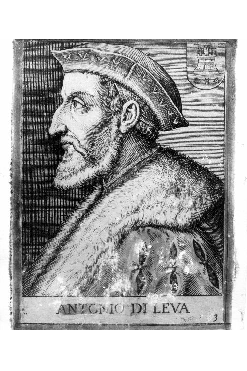 Ritratto di profilo di Antonio di Leva (stampa colorata a mano smarginata) di P. T (seconda metà sec. XVI)