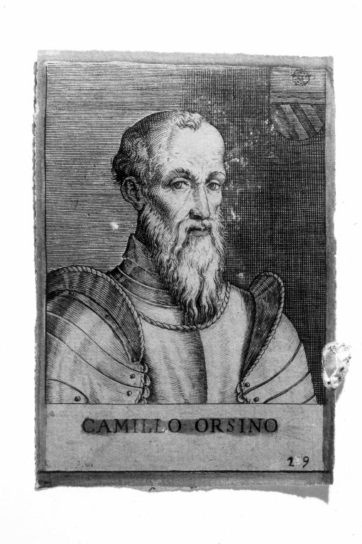 Ritratto di Camillo Orsino (stampa colorata a mano smarginata) di P. T (seconda metà sec. XVI)