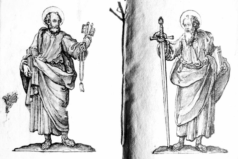 San Pietro / San Paolo (stampa colorata a mano) - ambito italiano (sec. XVII)