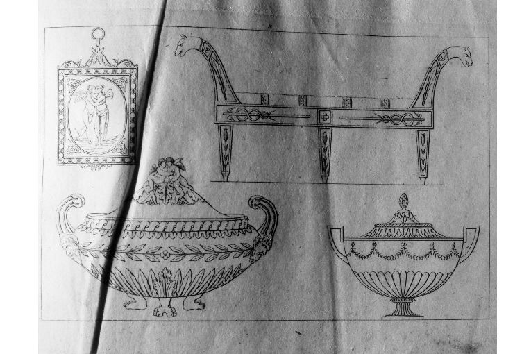 cornice; zuppiere; divano (stampa) di Roccheggiani Lorenzo, Ruga Pietro (prima metà sec. XIX)