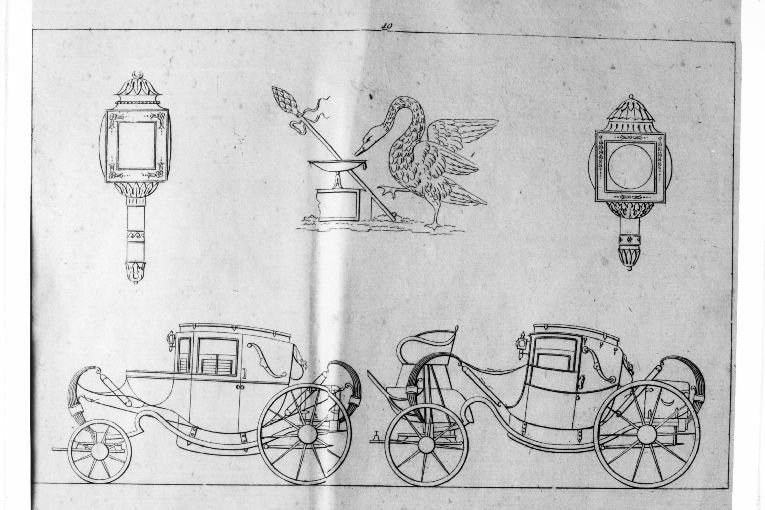 Carrozze/ lanterne/ Elemento decorativo (stampa) di Roccheggiani Lorenzo, Ruga Pietro (prima metà sec. XIX)