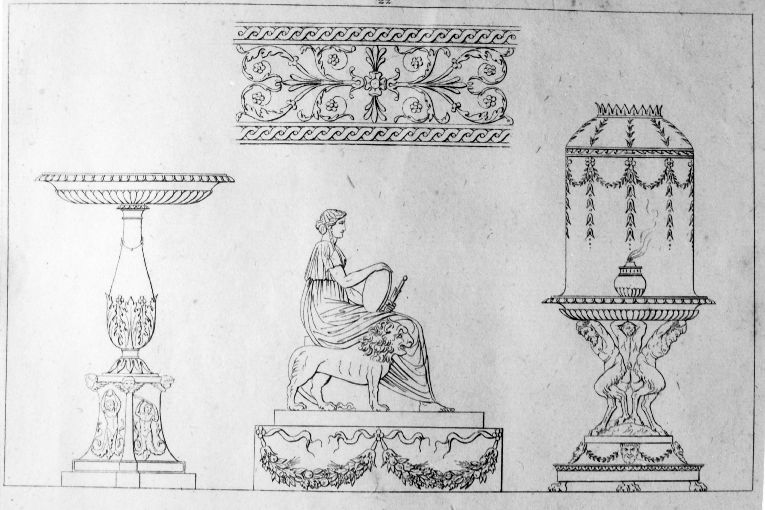 Particolare di fregio/ Acquasantiera/ Monumento funebre/ Bruciatore per incenso (stampa) di Roccheggiani Lorenzo, Ruga Pietro (prima metà sec. XIX)