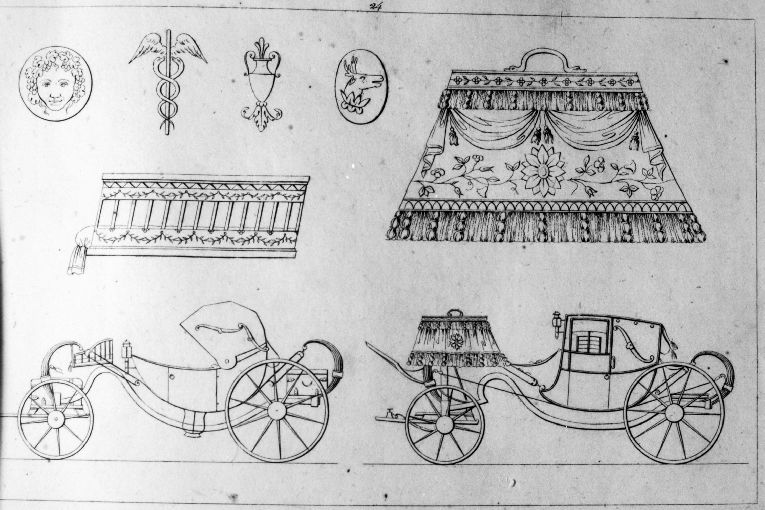 Carrozze/ Sedile da cocchiere/ Elementi decorativi per carrozze (stampa) di Roccheggiani Lorenzo, Ruga Pietro (prima metà sec. XIX)