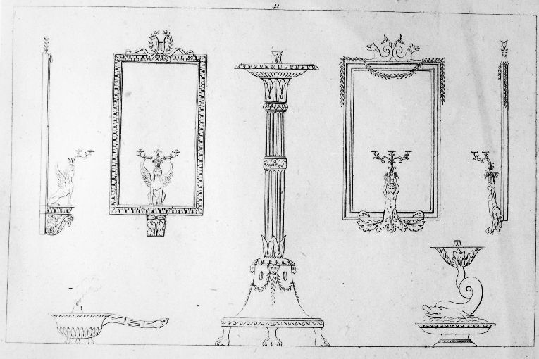 Cornici di specchio/ Candeliere/ Palmatoria (stampa) di Roccheggiani Lorenzo, Ruga Pietro (prima metà sec. XIX)