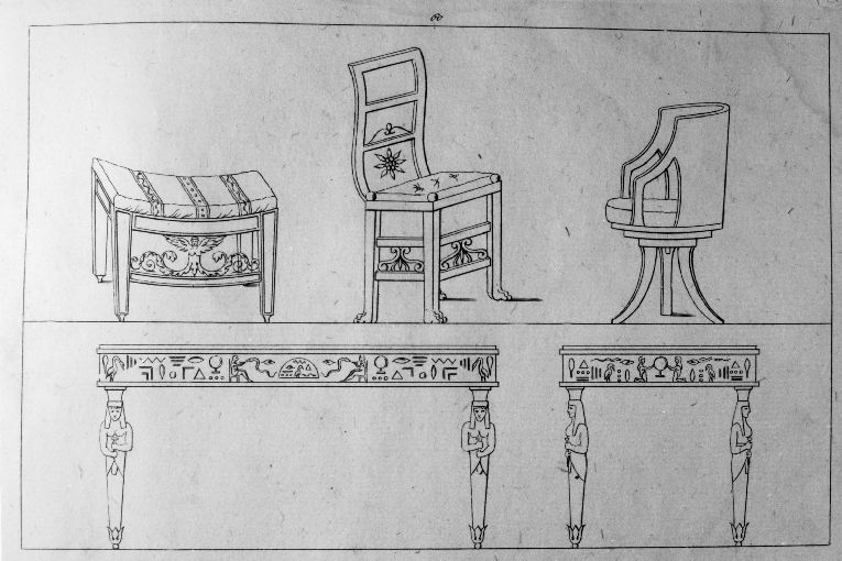 Sedie/ Sgabello/ Tavoli (stampa) di Roccheggiani Lorenzo, Ruga Pietro (prima metà sec. XIX)