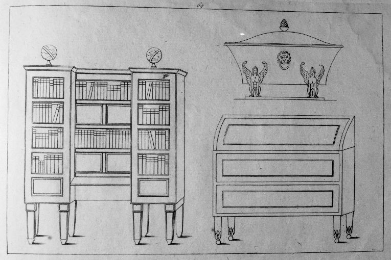Libreria/ Cassettone con ribalta/ Coppa con coperchio (stampa) di Roccheggiani Lorenzo, Ruga Pietro (prima metà sec. XIX)