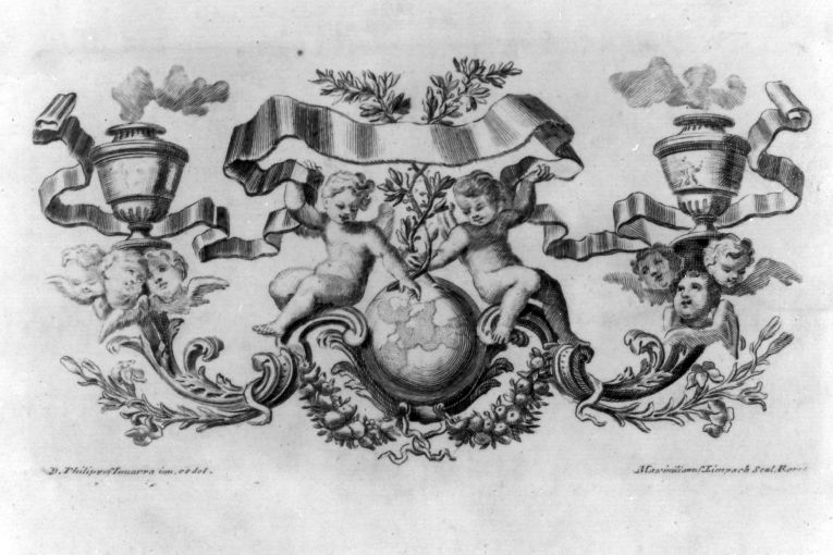 angeli reggicartiglio (stampa) di Juvarra Filippo, Limpach Maximilian Joseph (sec. XVIII)