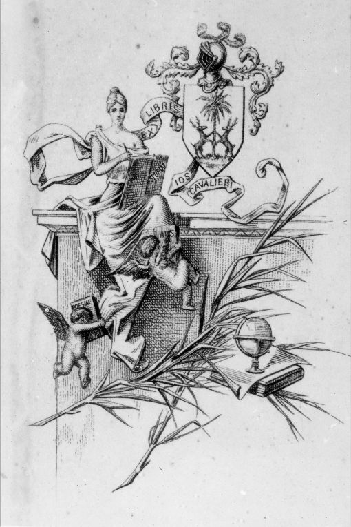 Arme gentilizia Cavalieri con personificazione della Cultura (stampa smarginata) di Fontana, Pineider (sec. XIX)