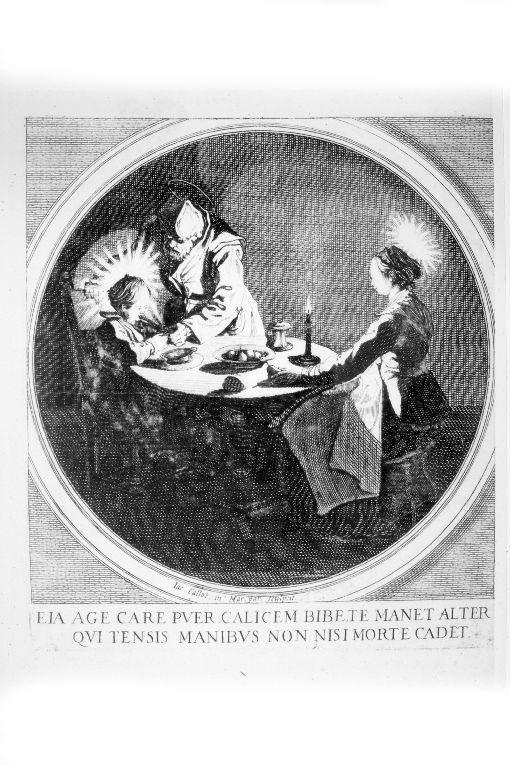 La Sacra Famiglia al desco (stampa) di Callot Jacques, Mar. Par (inizio sec. XVII)
