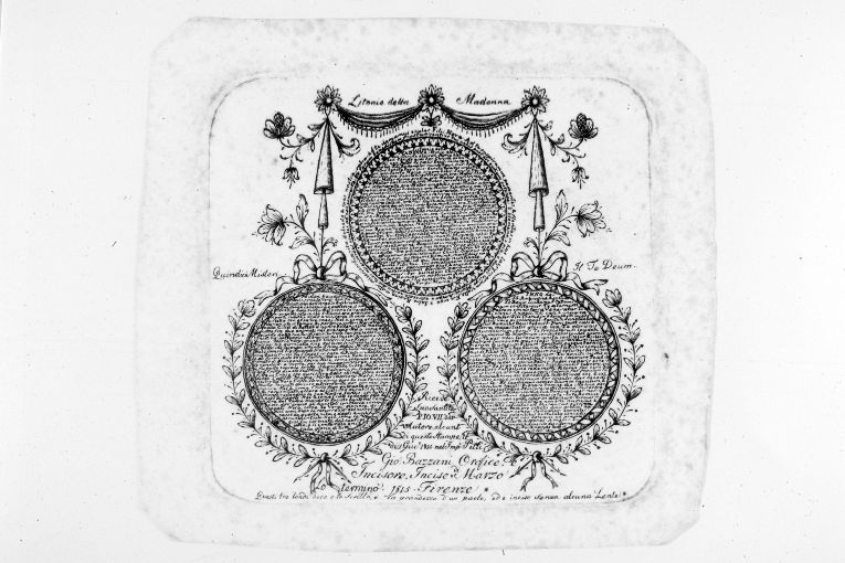 medaglioni con trascrizione delle Litanie Lauretane, dei Quindici Misteri e del Te Deum (stampa) di Bazzani Giovanni (sec. XIX)