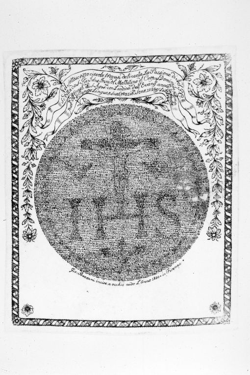 Medaglione con trascrizione di testi sacri (stampa smarginata) di Bazzani Giovanni (sec. XIX)