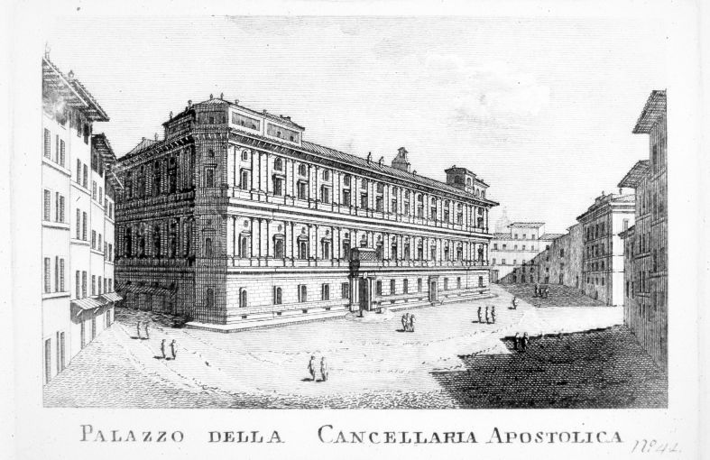 Veduta del Palazzo della Cancelleria Apostolica a Roma (stampa smarginata) di Pronti Domenico (seconda metà sec. XVIII)