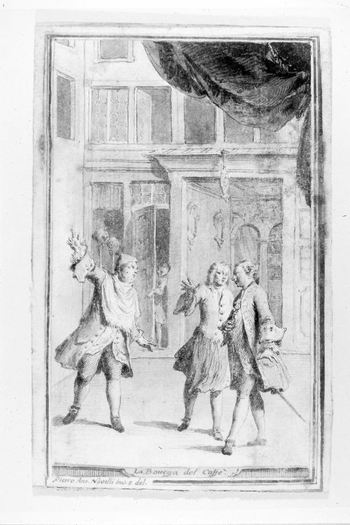 Scena di teatro (La bottega del caffe') (stampa smarginata) di Novelli Pietro Antonio (ultimo quarto sec. XVIII)