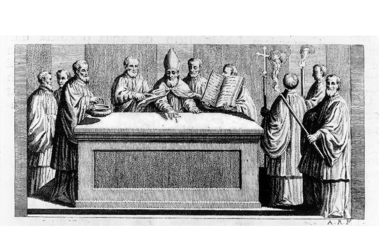 consacrazione dell'altare maggiore (stampa) di Rossi Andrea (terzo quarto sec. XVIII)