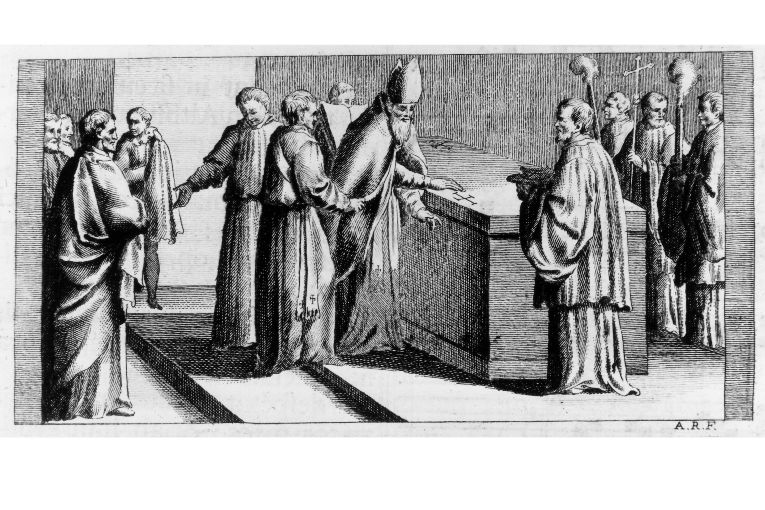 unzione dell'altare maggiore con l'oleum catechumenorum (stampa) di Rossi Andrea (terzo quarto sec. XVIII)