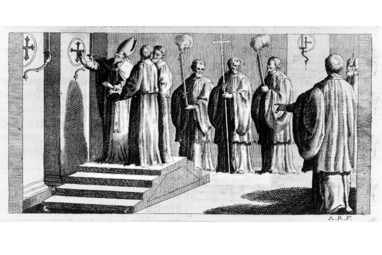 unzione delle dodici croci di consacrazione della chiesa (stampa) di Rossi Andrea (terzo quarto sec. XVIII)