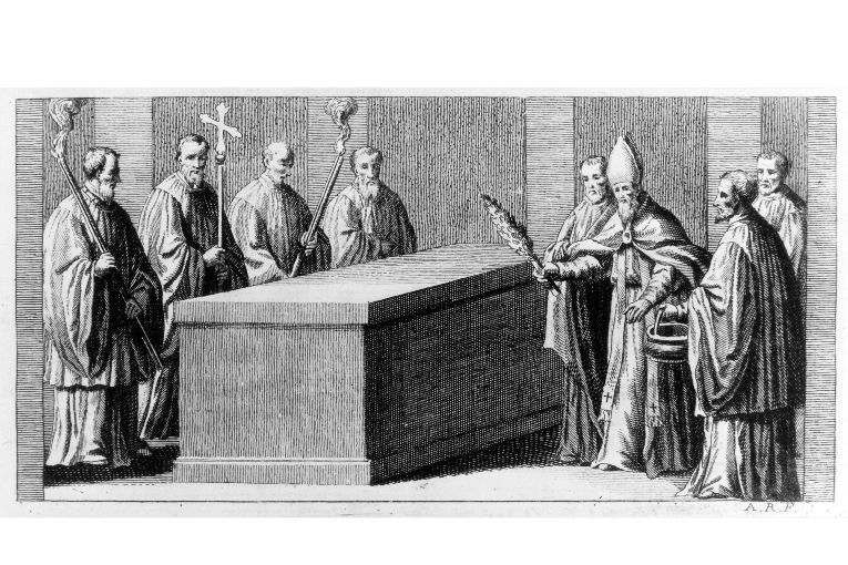 cerimonia di consacrazione degli altari laterali: aspersione dell'altare (stampa) di Rossi Andrea (terzo quarto sec. XVIII)