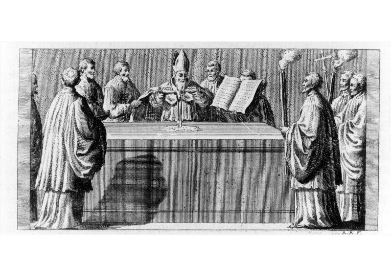 cerimonia di consacrazione degli altari laterali: unzione dell'altare con olii sacri (stampa) di Rossi Andrea (terzo quarto sec. XVIII)