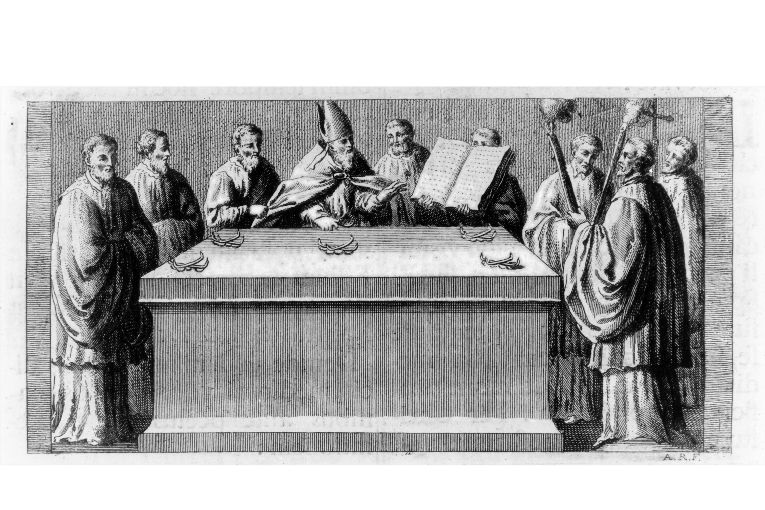 cerimonia di consacrazione degli altari laterali: il Pontefice forma cinque croci con candele sull'altare (stampa) di Rossi Andrea (terzo quarto sec. XVIII)