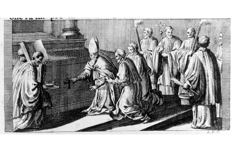 cerimonia di consacrazione degli altari laterali: unzione della fronte dell'altare (stampa) di Rossi Andrea (terzo quarto sec. XVIII)