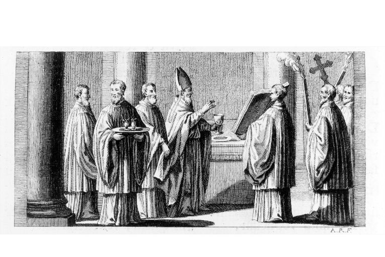 cerimonia di consacrazione di calice e patena (stampa) di Rossi Andrea (terzo quarto sec. XVIII)