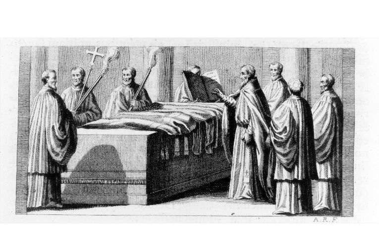 cerimonia di benedizione dei paramenti sacerdotali (stampa) di Rossi Andrea (terzo quarto sec. XVIII)
