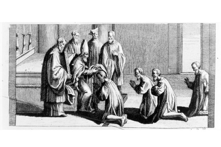 cerimonia di pubblico allontanamento dei penitenti: imposizione dei cilici (stampa) di Rossi Andrea (terzo quarto sec. XVIII)