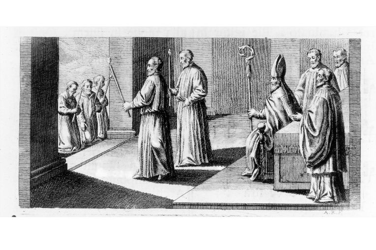 cerimonia di riammissione dei penitenti: consegna delle candele (stampa) di Rossi Andrea (terzo quarto sec. XVIII)