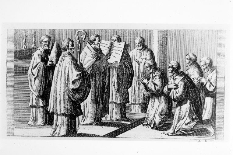 cerimonia di riammissione dei penitenti: benedizione dei penitenti (stampa) di Rossi Andrea (terzo quarto sec. XVIII)