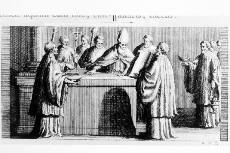 cerimonia di benedizione degli olii sacri (stampa) di Rossi Andrea (terzo quarto sec. XVIII)