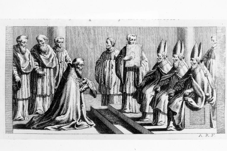cerimonia del giuramento di un nuovo vescovo (stampa) di Rossi Andrea (terzo quarto sec. XVIII)