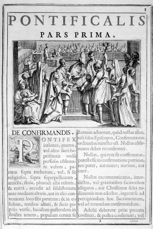 Sacramento della cresima: il vescovo segna i cresimandi (stampa) - ambito romano (sec. XVIII)