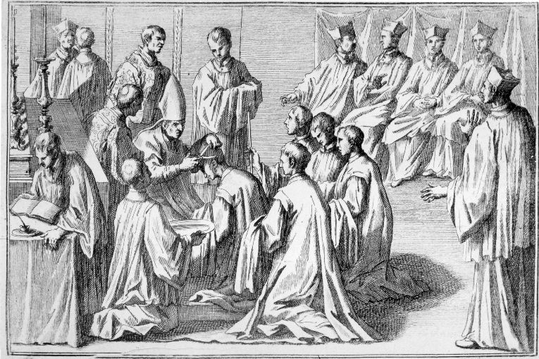 Sacramento dell'ordinazione: tonsura dei diaconi (stampa) - ambito romano (sec. XVIII)