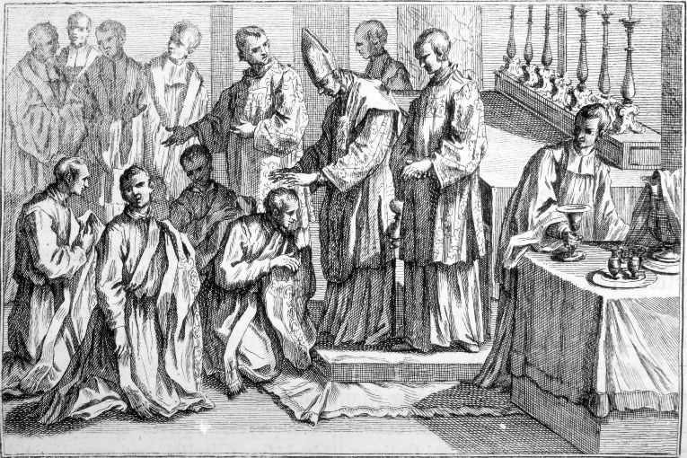 Ordinazione dei presbiteri: imposizione delle mani (stampa) - ambito romano (sec. XVIII)